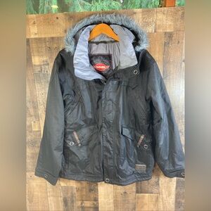 SIMS Black Men's Snowboarding Skiing Jacket‎ Faux Fur Hood Zipper Medium Pockets